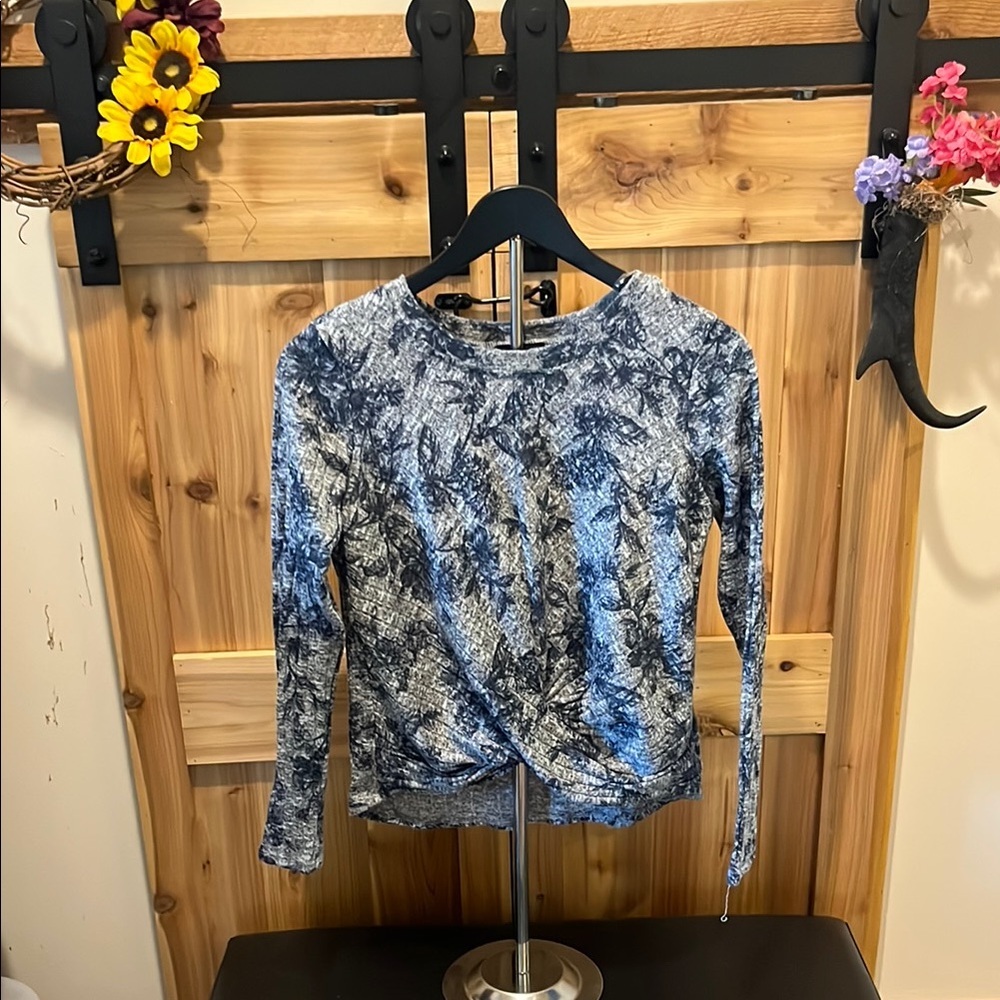 by & by Navy and White Floral Long Sleeve Top with Snatched Design in Front